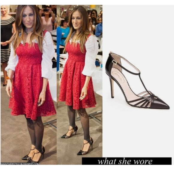 NIB SJP by Sarah Jessica Parker Carrie Black T-Strap Pumps EU 41.5 US 10.5 100mm - Picture 2 of 15